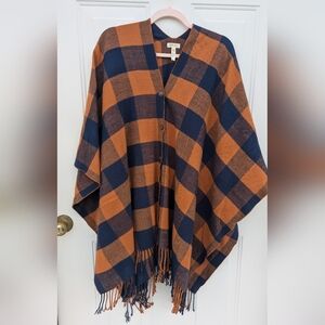 Matilda Jane Warm Sunset Button Front Poncho One Siz Navy Blue Rust Orange Plaid